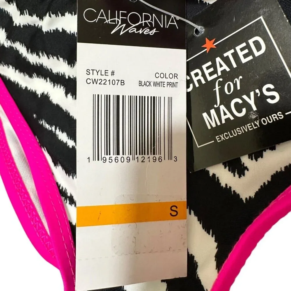 California Waves Junior Size S Zebra Print Neon Trim Bikini Bottoms Swimsuit NWT
